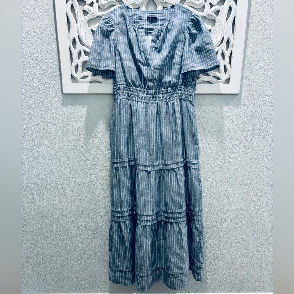 Quince European Linen Chambray Blue Striped Tiered Maxi Dress - Picture 8 of 12